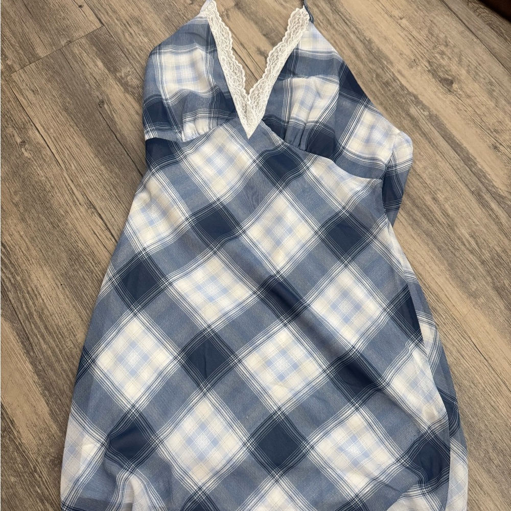 Blue and White Plaid Lace-Trim Mini Dress